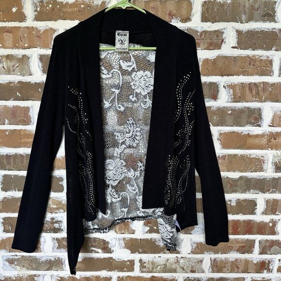 Vocal Cardigan Women's M Black‎ Embroidered Lace Embellished Open Front New - Picture 2 of 9